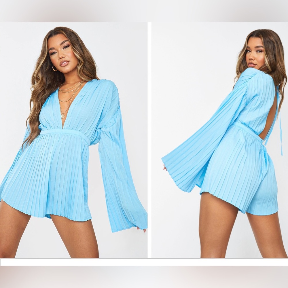 Pretty Little Thing Bright Blue Plunge Pleated Playsuit